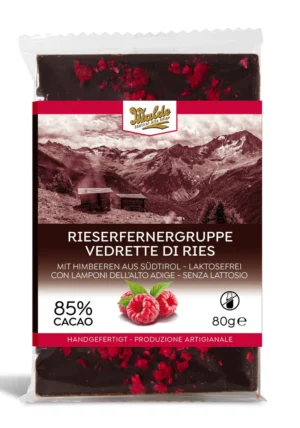 Walde Schokolade 85% Riesenfernergruppe mit Himbeeren aus Südtirol (Laktosefrei) 90g